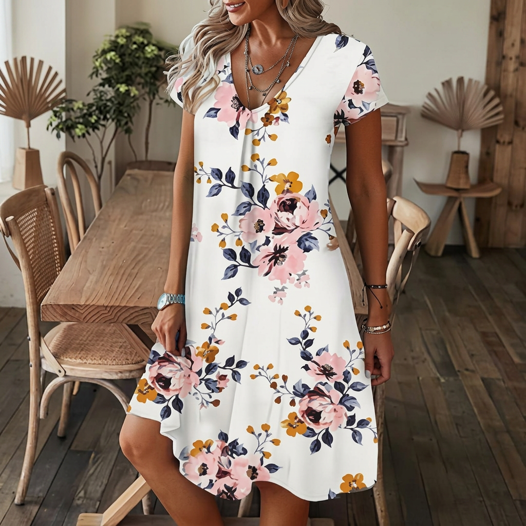 Elara - Printed V-Neck Swing Dress
